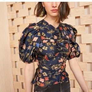 Ulla Johnson Elise Gathered Floral Silk Top